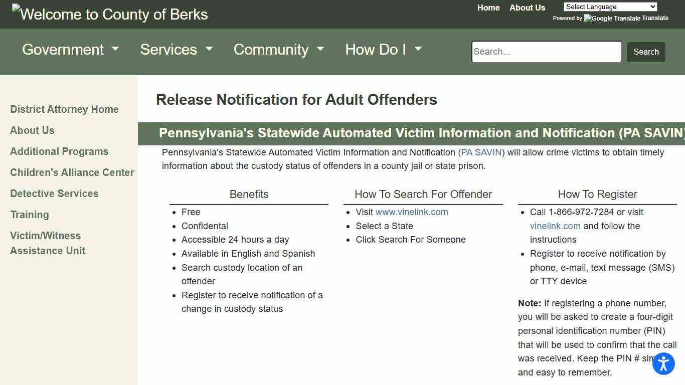 Berks County - Release Notification for Adult Offenders